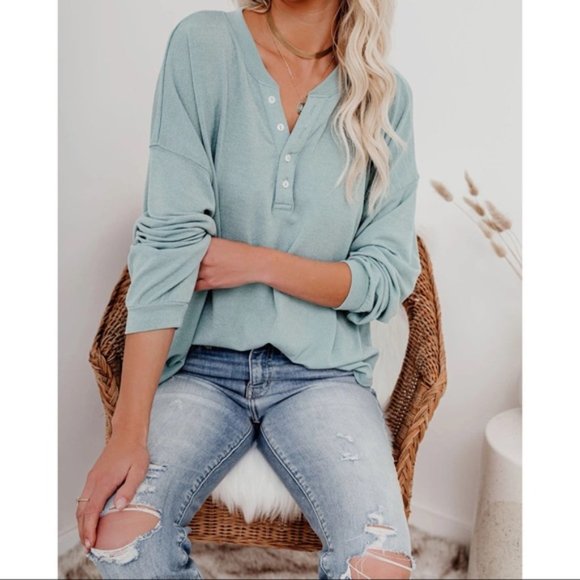 MAGGIE RELAXED KNIT HENLEY TOP SAGE - Picture 5 of 11